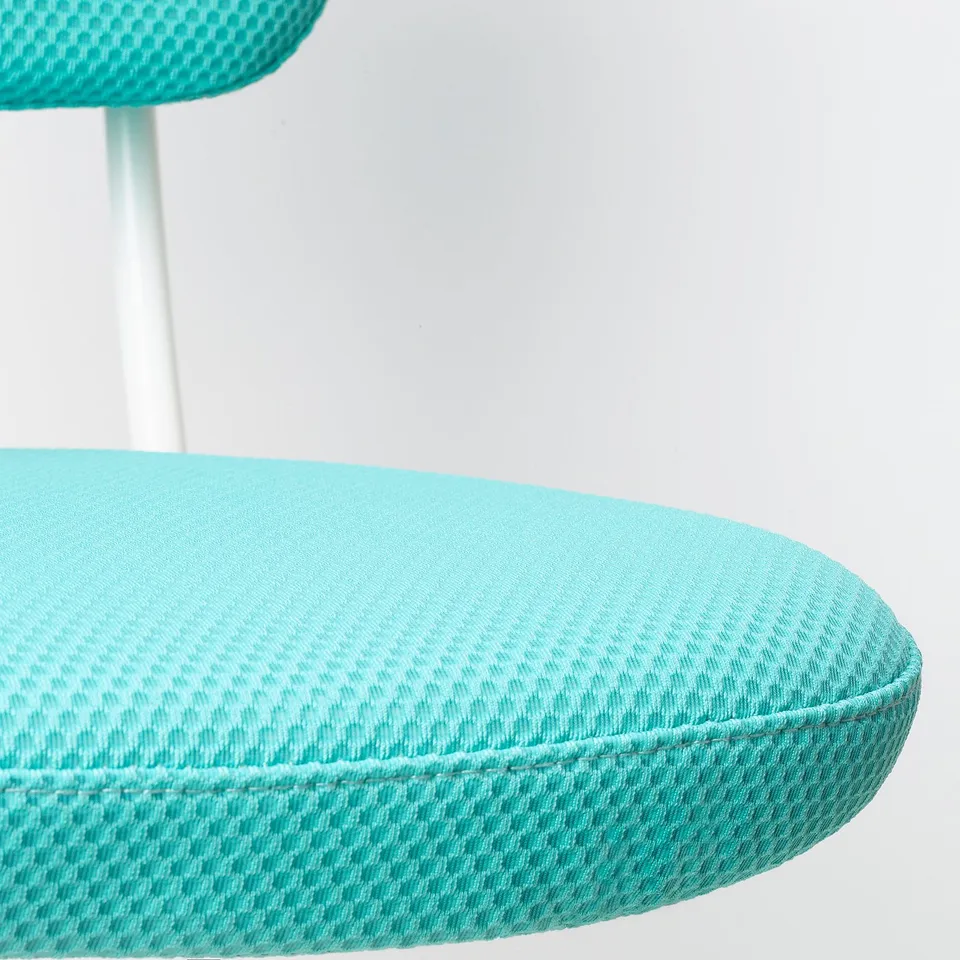 Bright turquoise office chair close-up, showcasing soft, textured fabric and smooth stitching, emphasising comfort and quality.