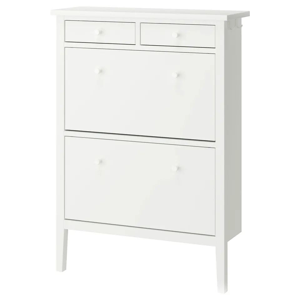 Gullaberry white shoe cabinet, 2 drawers, 4 comps for 14 pairs, sleek legs, wood knobs.