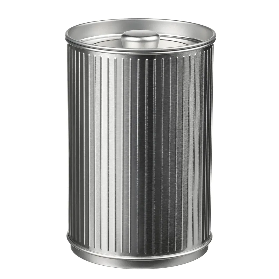 Silver cylindrical rubbish can with vertical grooves made of tinplated steel.