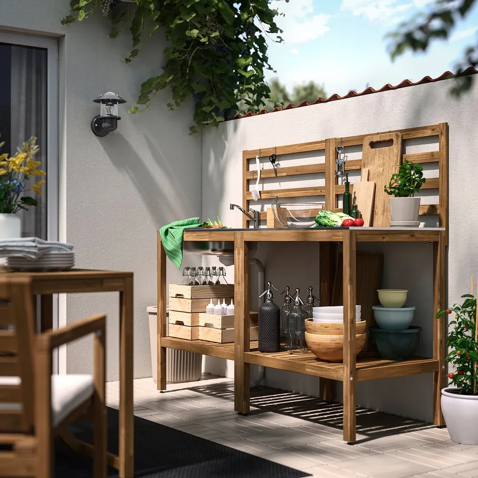NÄMMARÖ Kitchen with sink unit, outdoor, light brown stained/stainless steel, 160x62 cm