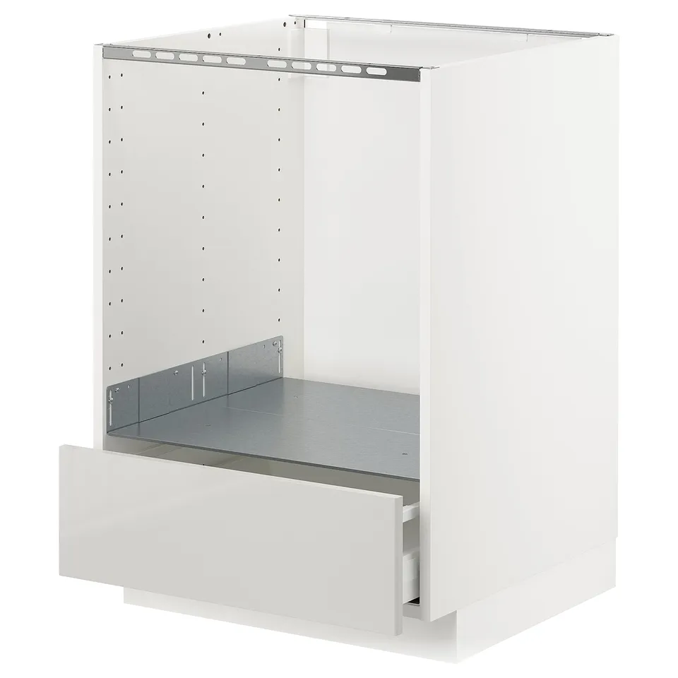 White METOD kitchen unit, modern, high gloss, rectangular, open top, grey shelf, smooth edges.