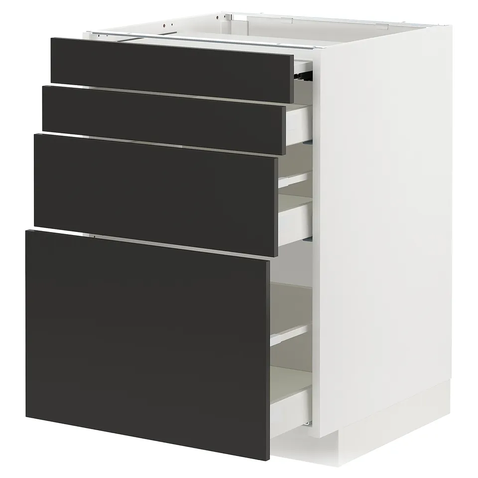 METOD kitchen unit with 4 black drawers, modern & sleek.