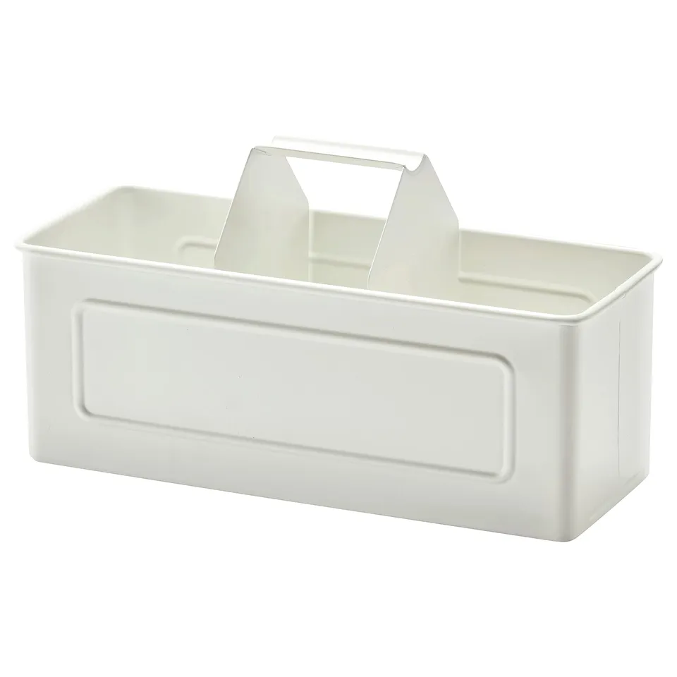 A white VÄLVÅRDAD kitchen organiser with a handle for holding items near the sink.