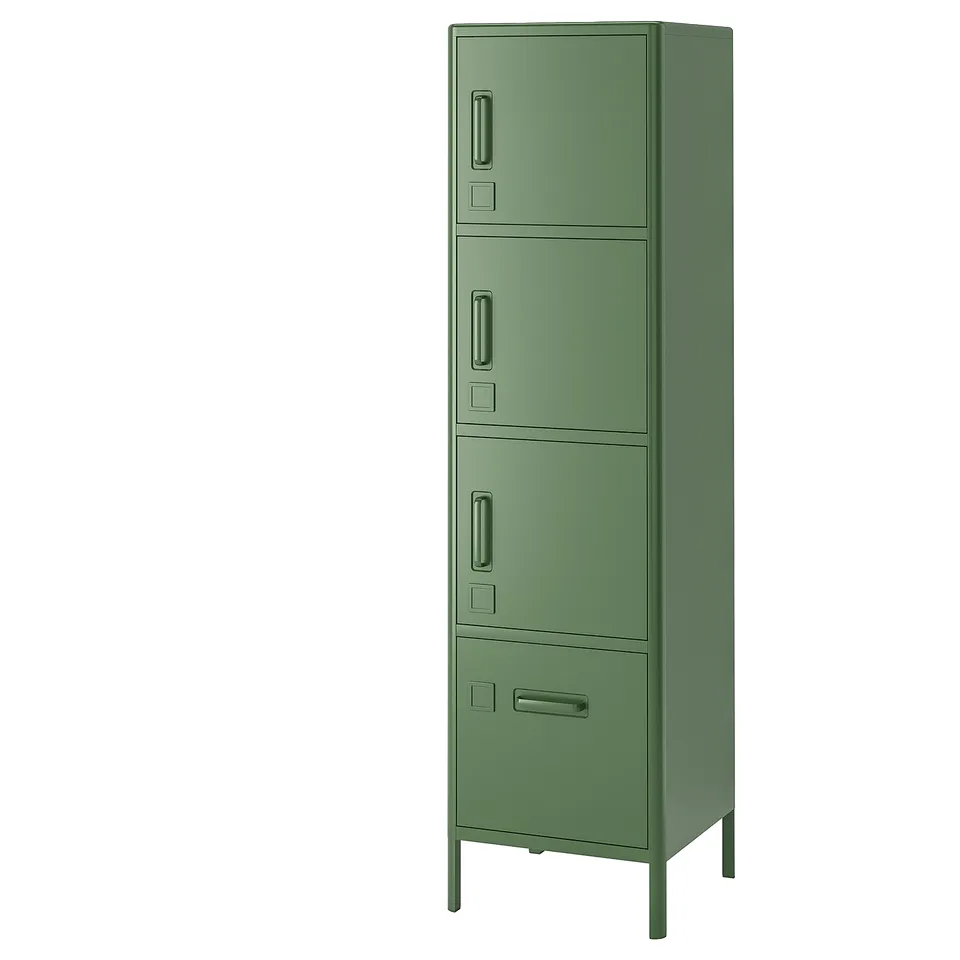 A tall, green IDÅSEN locker with three compartments. It has handles, metal construction, and a sleek, modern design.