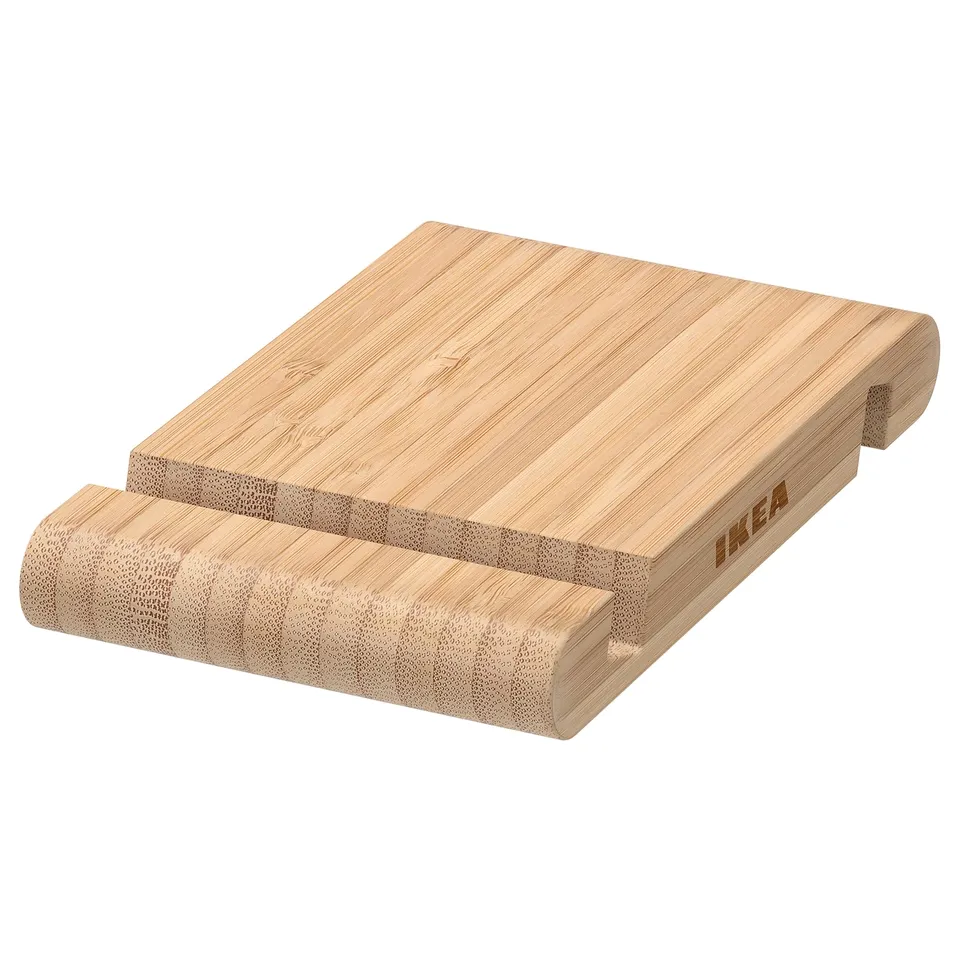 Ikea BERGENES bamboo tablet stand, natural, slim, rectangular with curved edges.