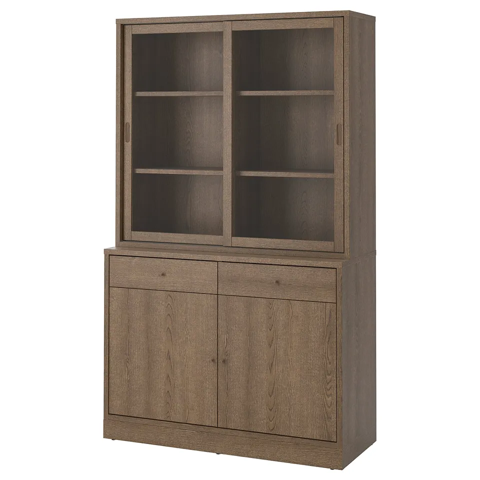 TONSTAD storage unit: greyish brown, open/closed combo, 2 sliding doors, 2 drawers, classic-modern blend.