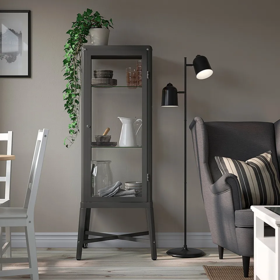 FABRIKÖR Glass-door cabinet, dark grey, 57x150 cm