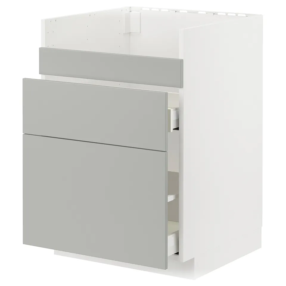Modern grey METOD kitchen unit with three drawers.