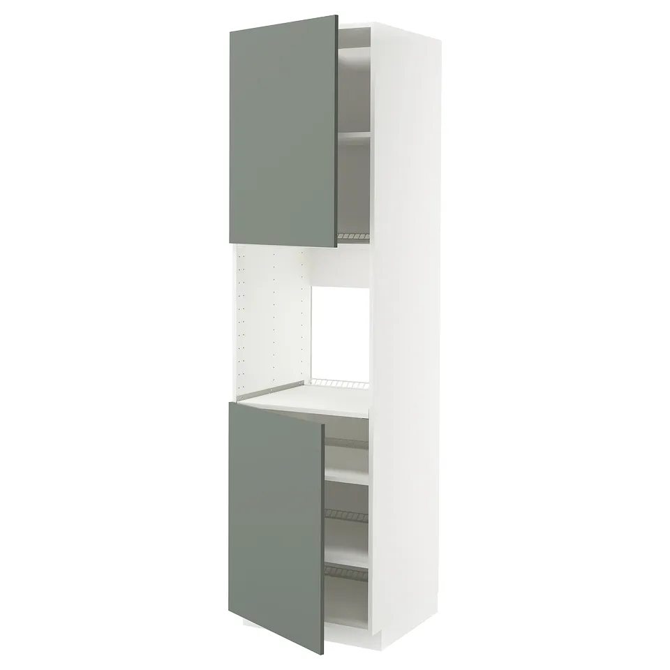 Tall kitchen cabinet, white with blue-green doors open, adjustable shelves.