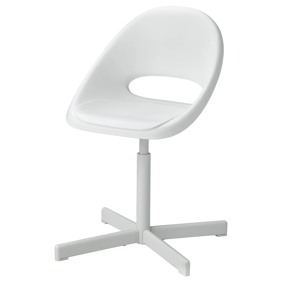 A white LOBERGET adjustable desk chair for kids, with a modern, clean design and a comfortable seat.