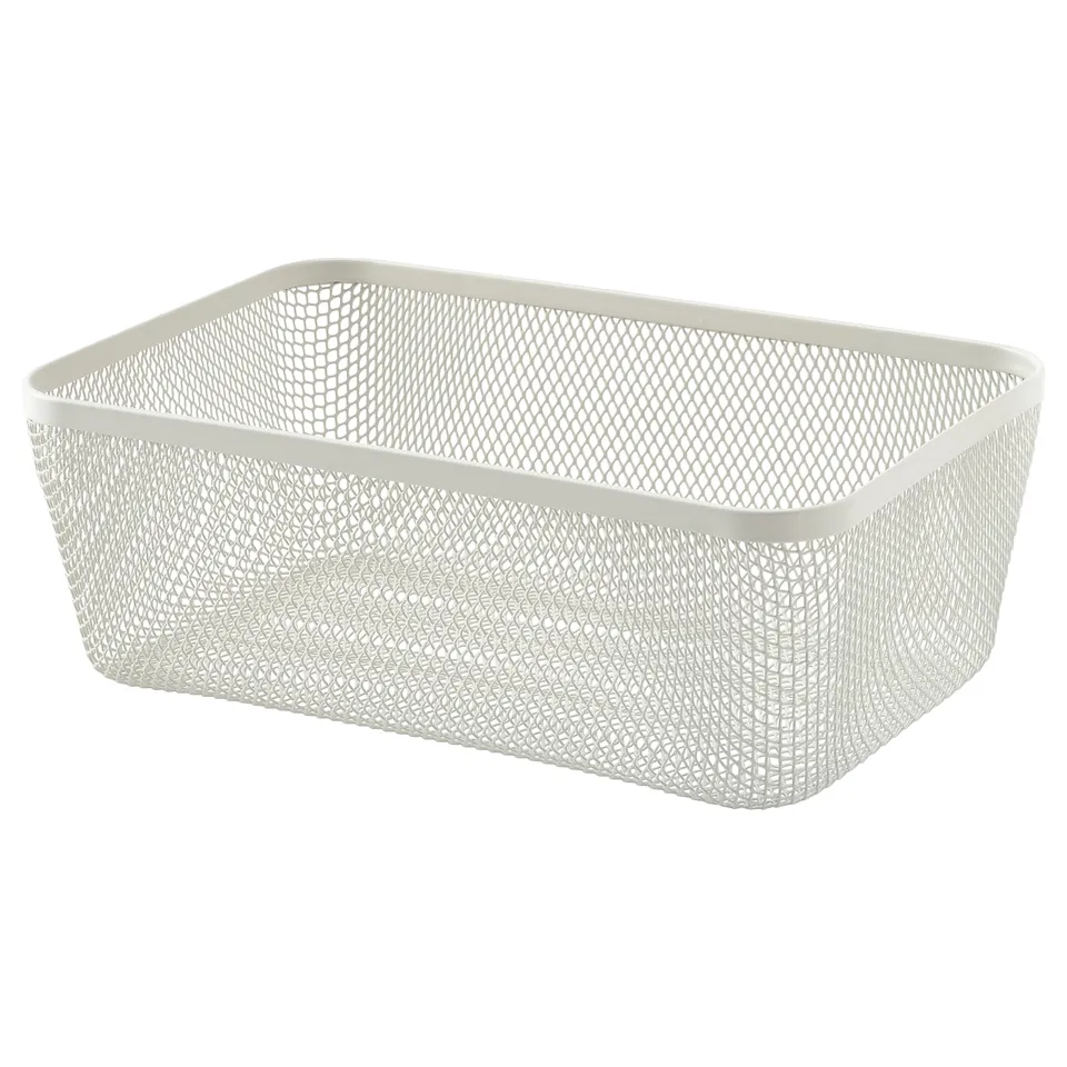 IKEA 365+ mesh storage basket, white. Rectangle, open-top design, made of steel with polyester coating.