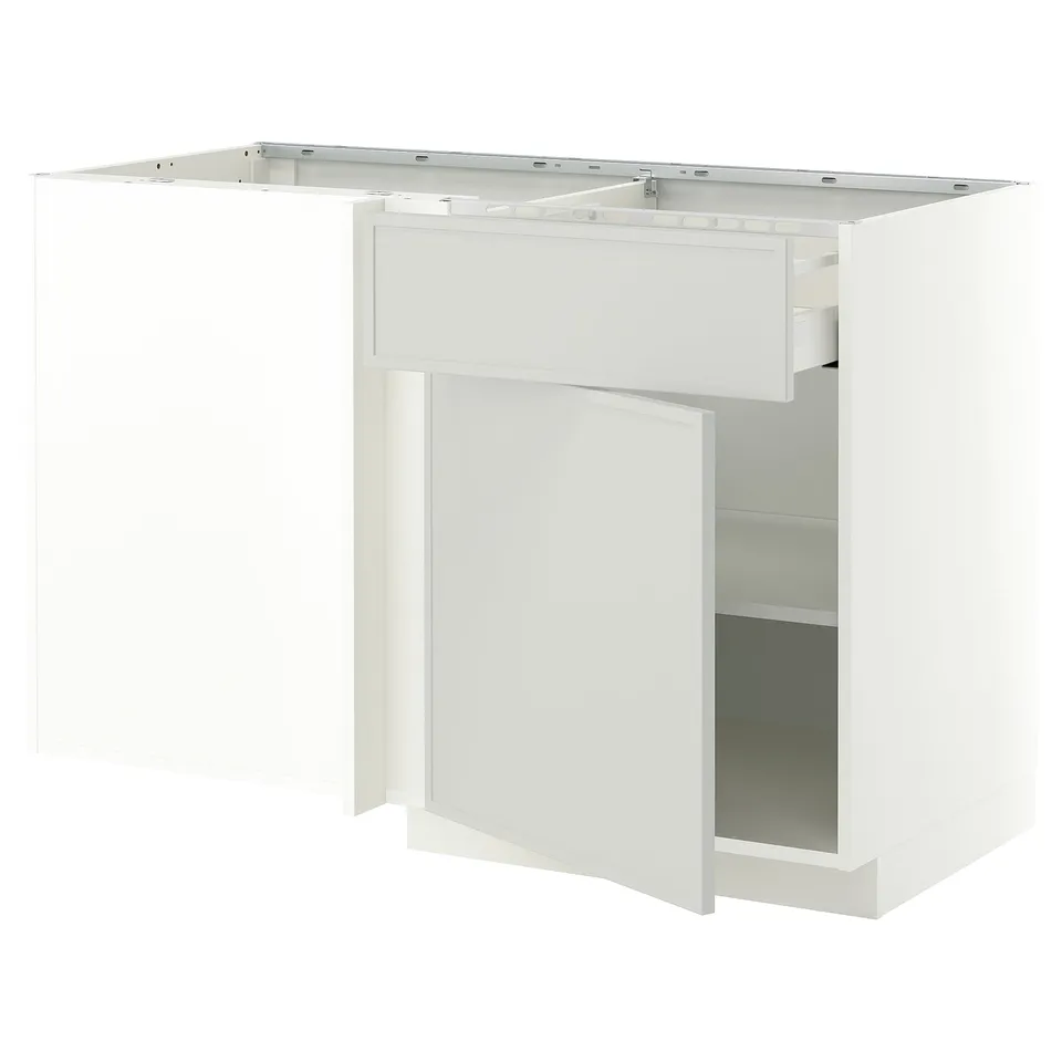 METOD / MAXIMERA Corner base cab w drawer and shelf, white/Aspudden light grey, 128x68x80 cm