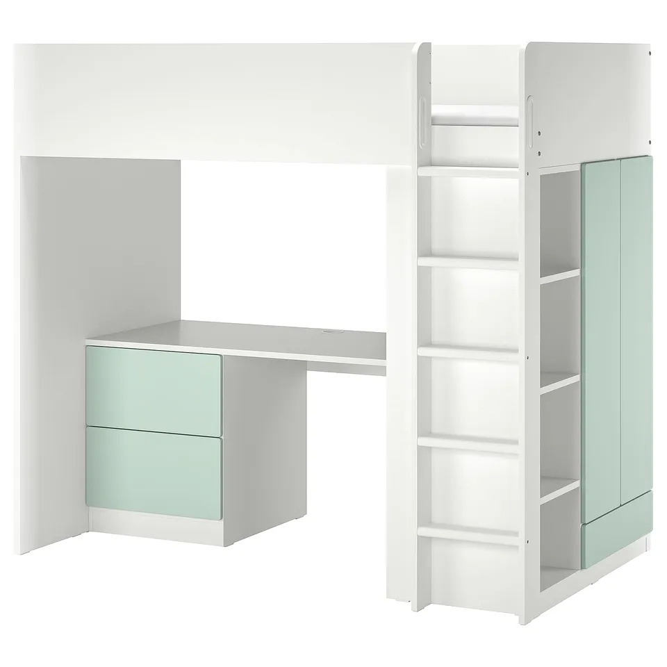 White space-saving kids loft bed with desk, shelves, and pastel drawers.