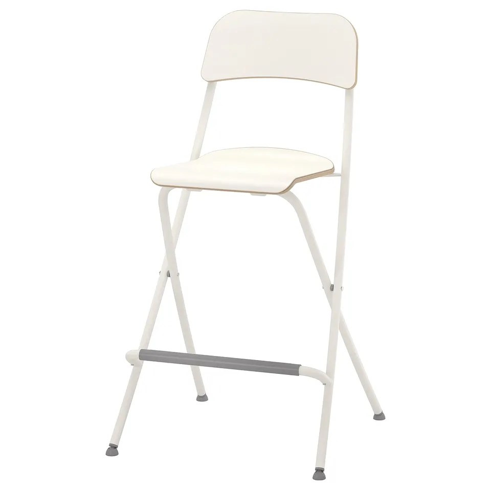 A white FRANKLIN bar stool with a backrest, made of high-pressure melamine laminate and metal, designed for comfort and stability.