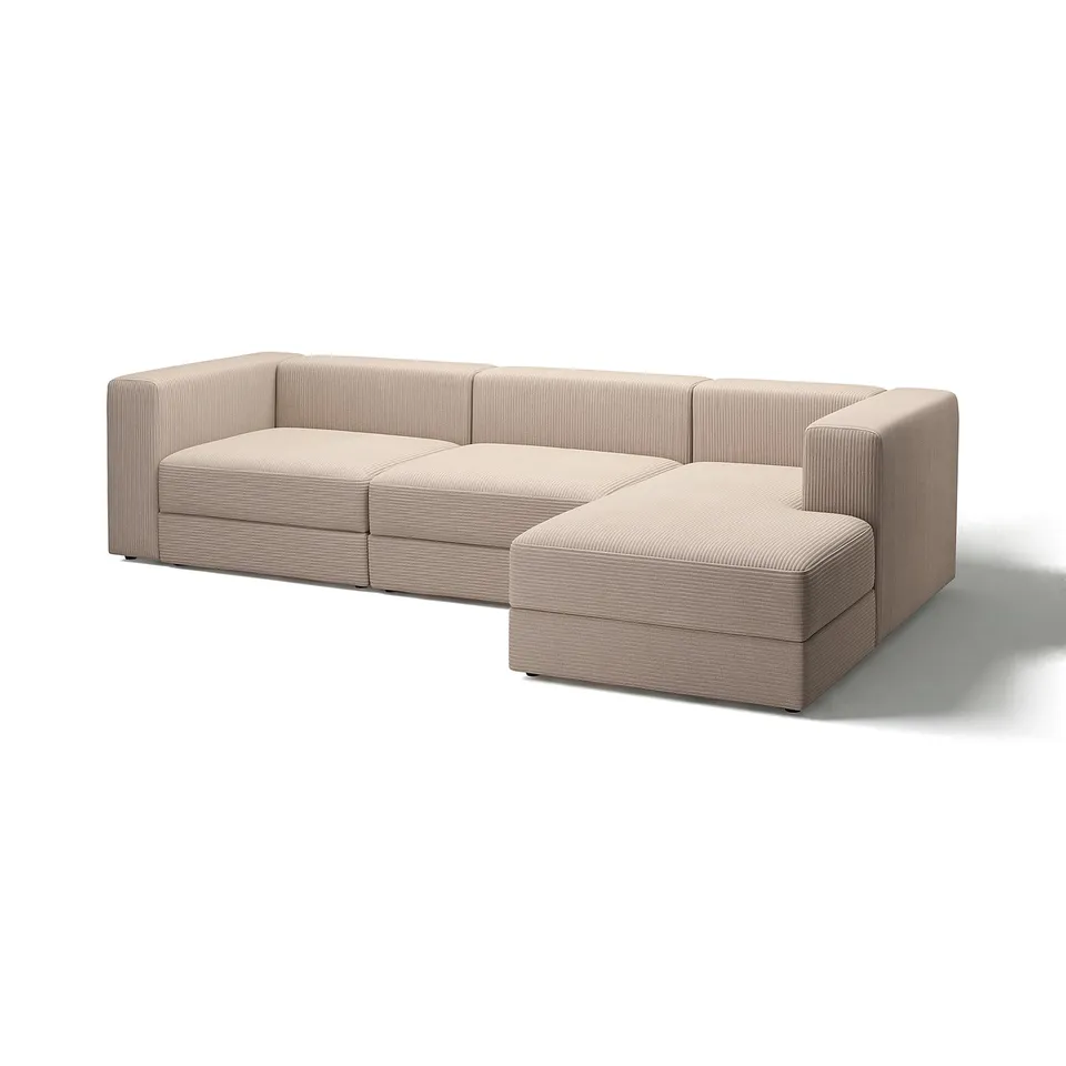 Modern beige sectional sofa with chaise, soft cushions, and clean lines.