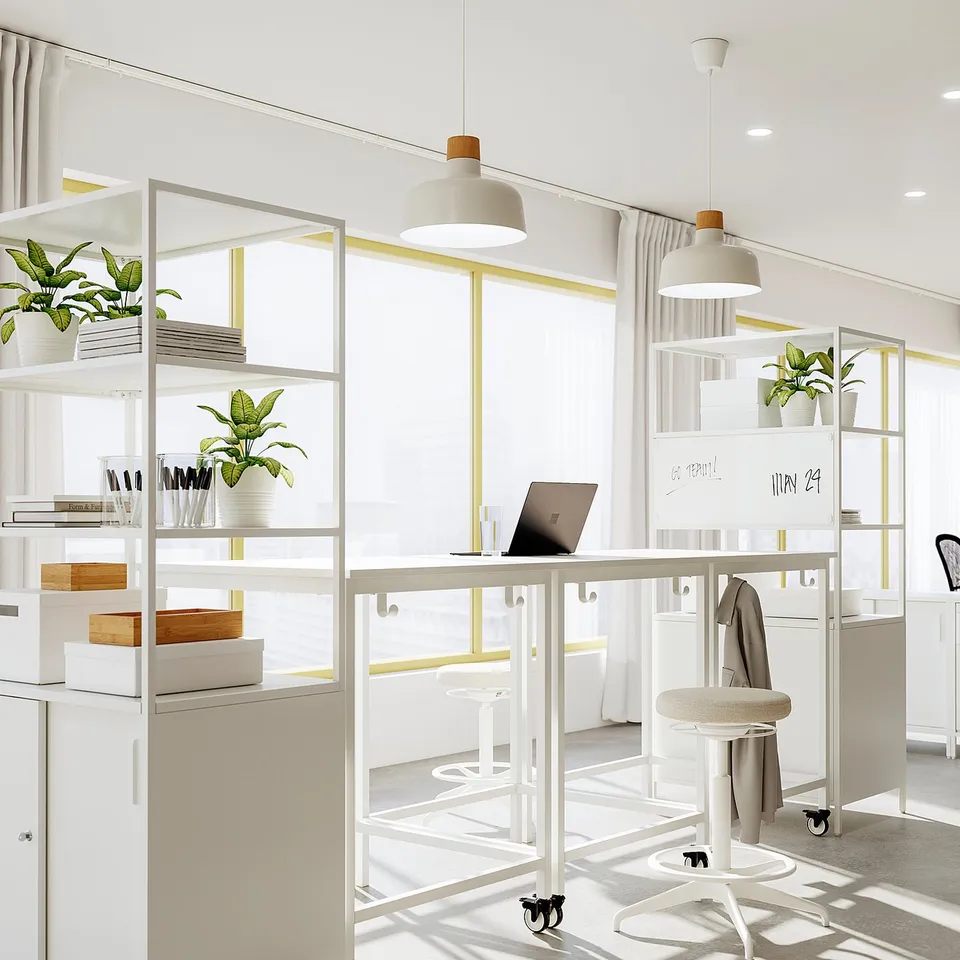 Modern office: TROTTEN storage, desk, stool, lamps, plants.