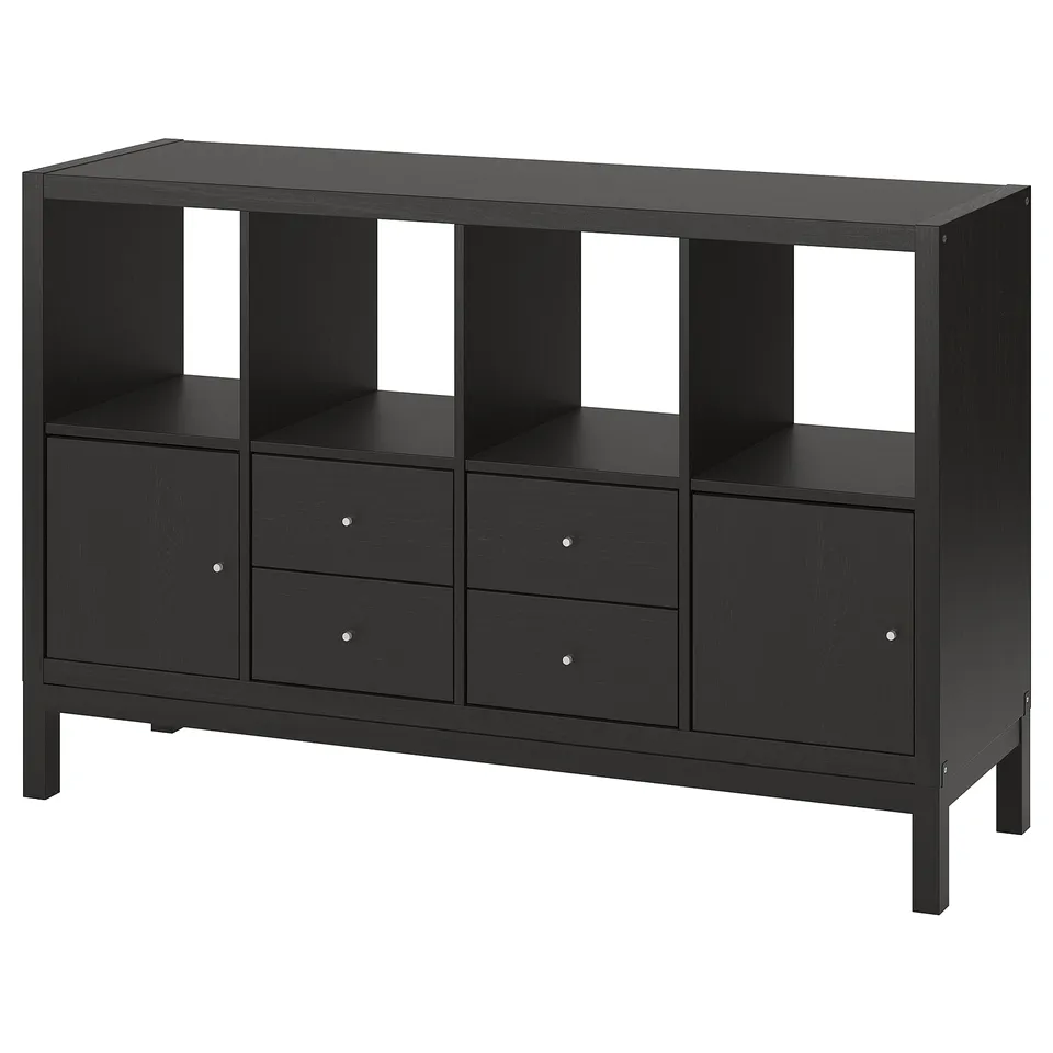 A KALLAX black storage unit with combinations of shelves, drawers, and doors. It has a sleek, rectangular design with an underframe for an airy look.