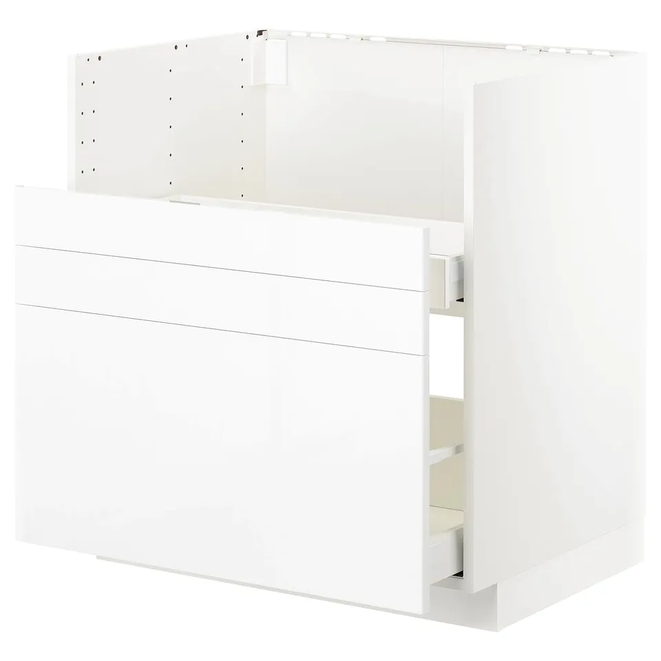White modern kitchen cabinet with smooth front, sleek design, pull-out drawers, glossy finish.