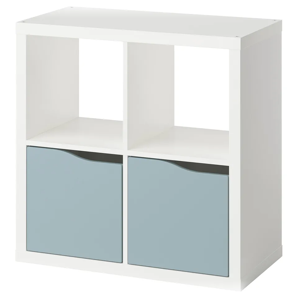 A white KALLAX storage unit with two blue glass doors, featuring a modern design with a simple rectangular shape.
