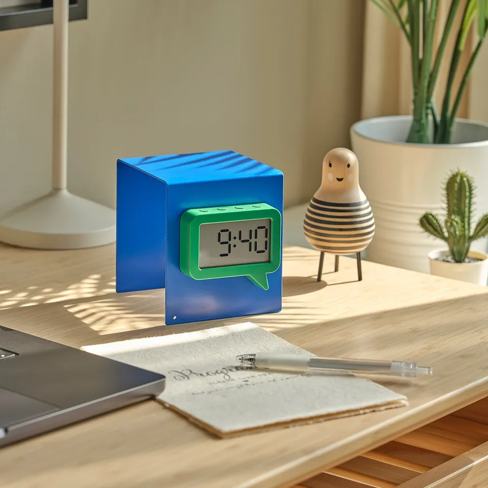 A blue digital clock with a green speech bubble design displaying time 9:40. It sits on a wooden table near a laptop and small plants.