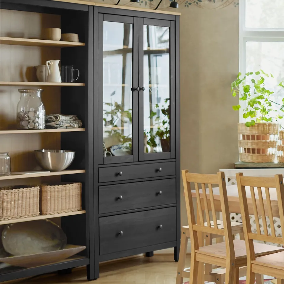 HEMNES Storage combination w doors/drawers, black-brown/light brown, 270x197 cm