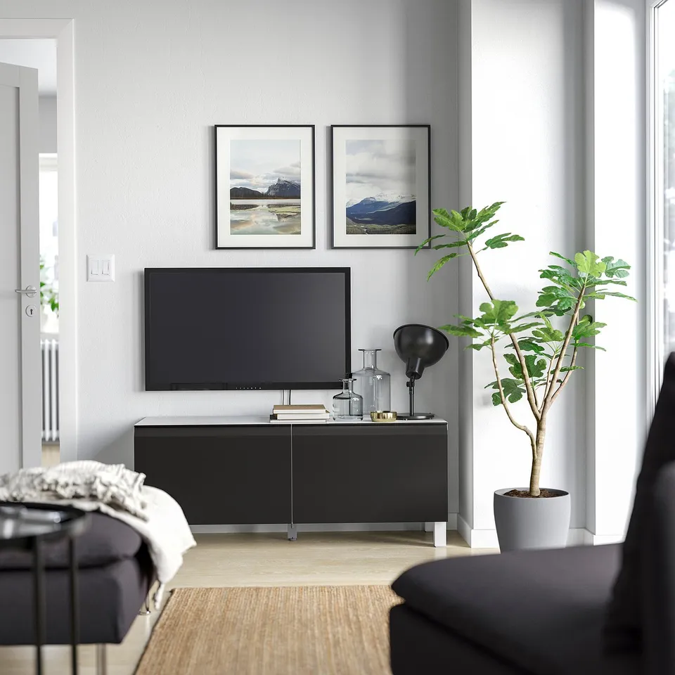 Modern living room with BESTÅ tv stand, lamp, plant, grey couch, rug, nature photos.
