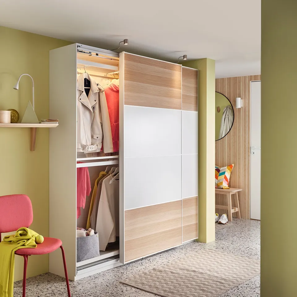 Closed wardrobe, light wood, white, modern.