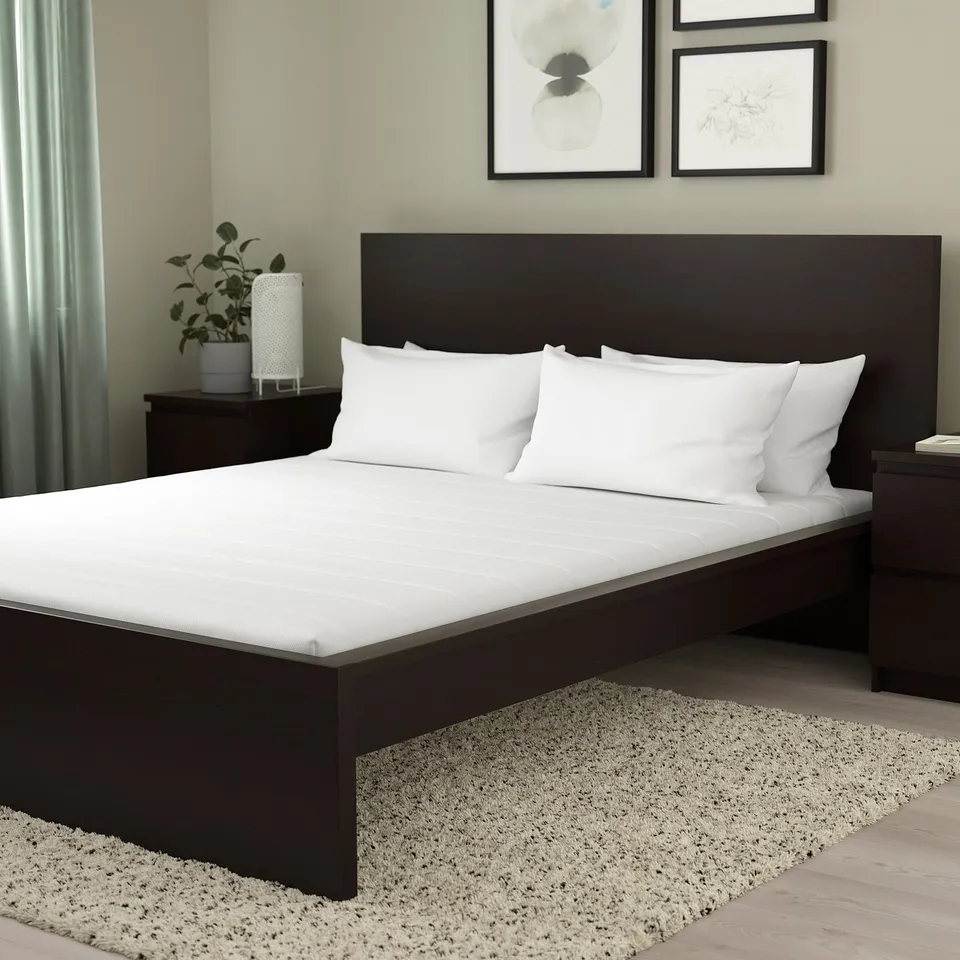 Bed with brown mattress, white linens, green wall, framed by art. Cream rug, bedside table with lamp and plant.