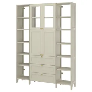 GULDDRAGARE storage combination, beige/clear glass with 3 drawers, 162x37x216 cm