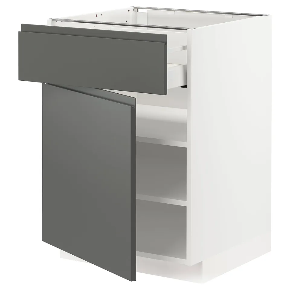 Modern kitchen cabinet, white and grey, rectangular with one drawer and one open shelf, smooth finish.