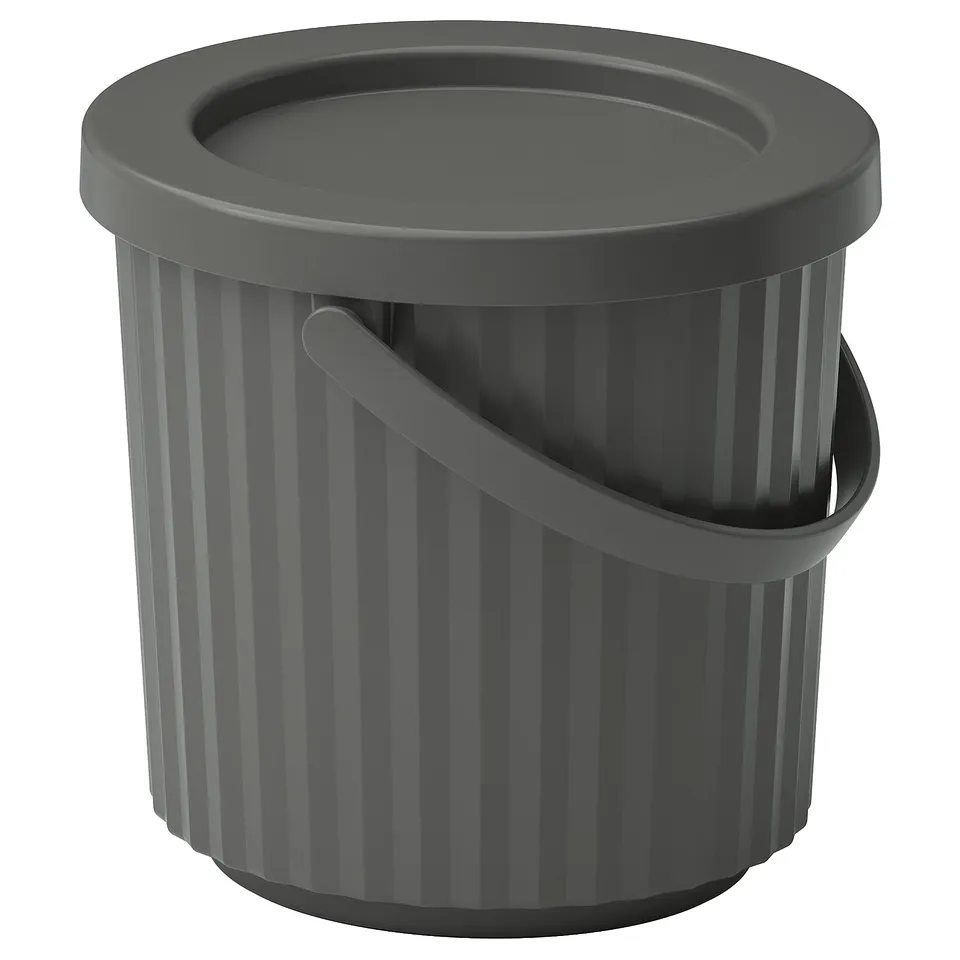 Dark grey, round waste bin with lid and handle, ribbed design, stackable, made of recycled plastic.