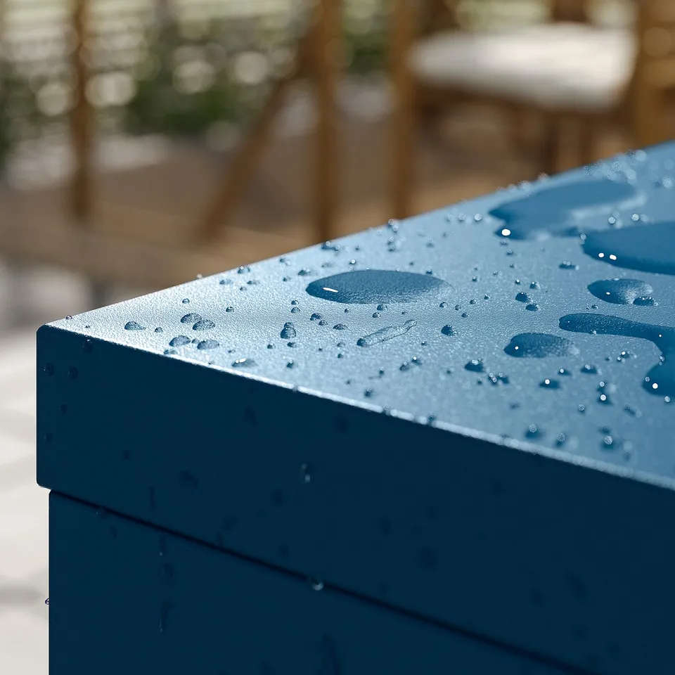 Dark blue outdoor storage cabinet with raindrops, durable powder-coated steel.