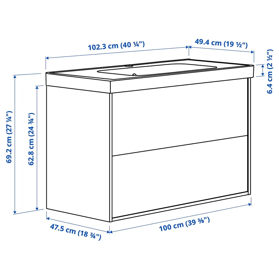 Illustration with measurements for the product: ÄNGSJÖN.