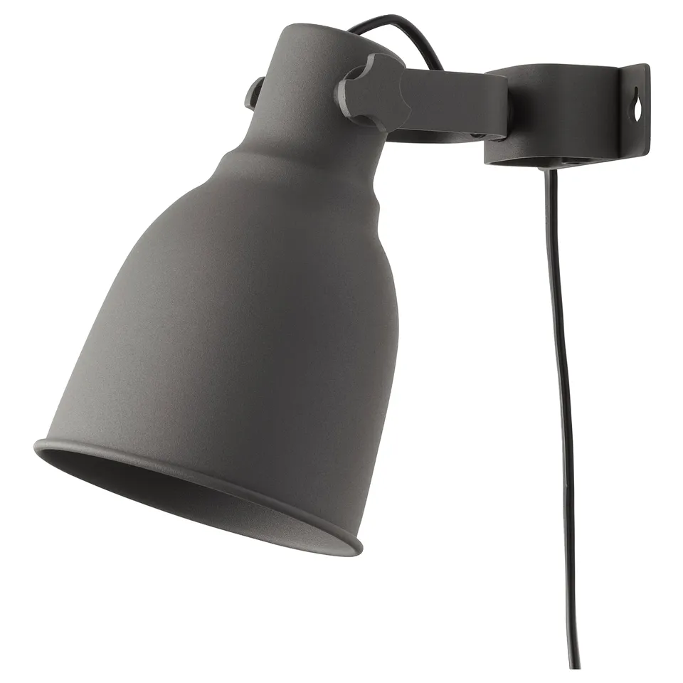 HEKTAR lamp, grey, convex shade, adjustable, wall clamp or wall mounted, metal, factory-style design.