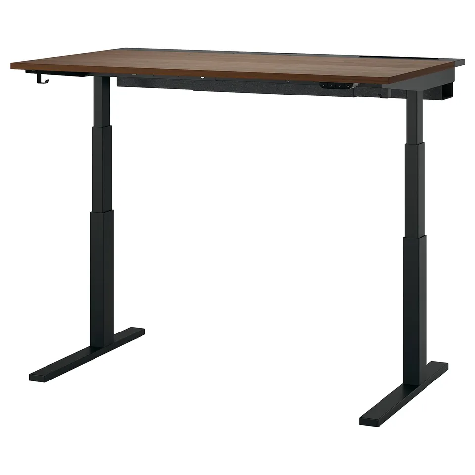 MITTZON sit-stand desk, dark brown top, black legs, adjustable height.