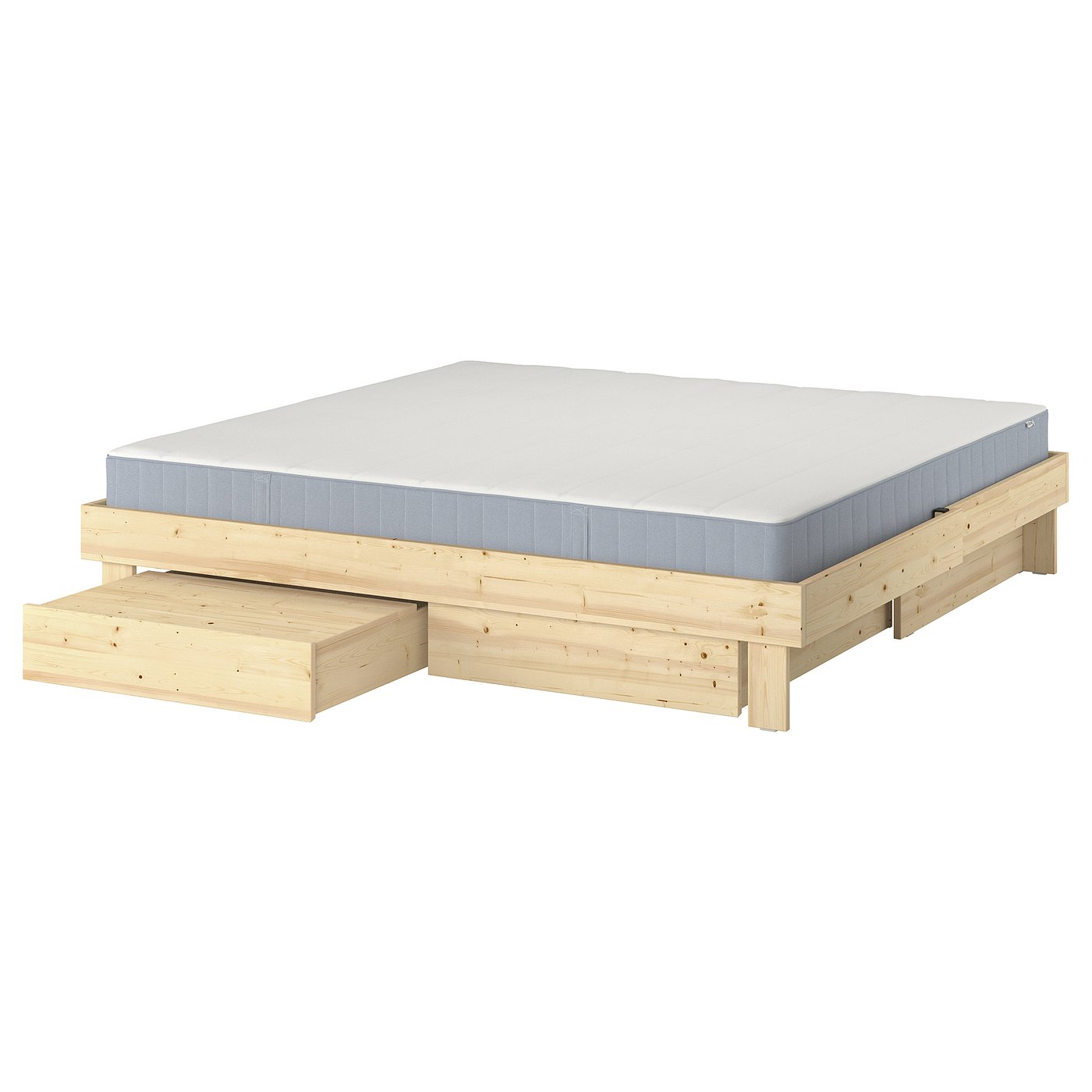 GLAMBERGET extendable bed in natural wood with white mattress, featuring storage boxes and tray tables for space efficiency.