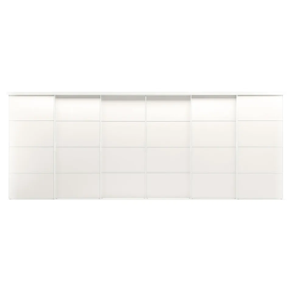 SKYTTA white sliding door system with 4 panels. Modern design, ideal for wardrobes.