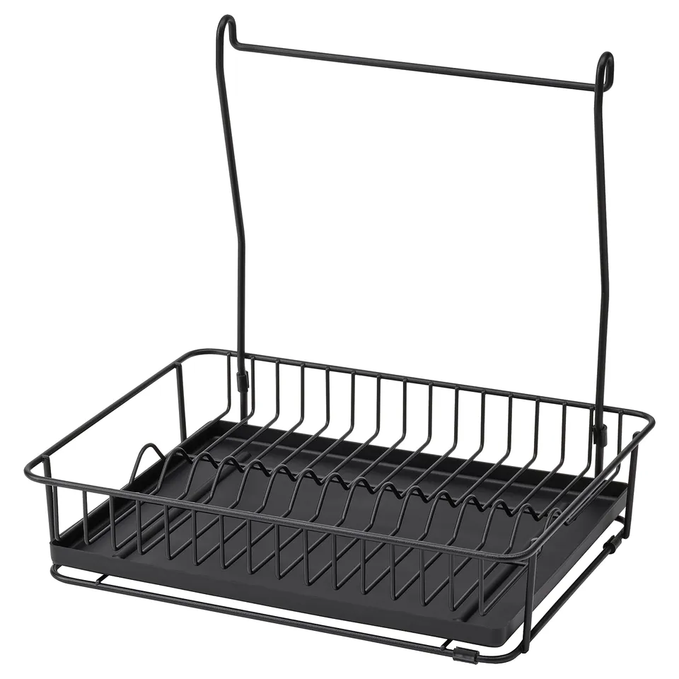 HULTARP, black wire dish drainer and tray, wall-mountable or countertop, removable tray.