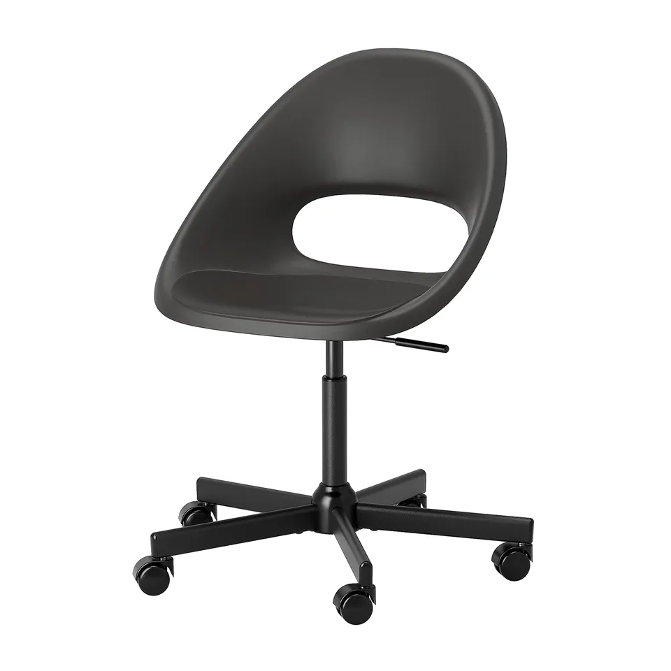 Black ELDBERGET office chair with rounded shape and five casters for easy mobility.