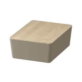KUGGIS box with lid, dark grey-beige/bamboo, Depth 26 x Height 8 x Width 18 cm