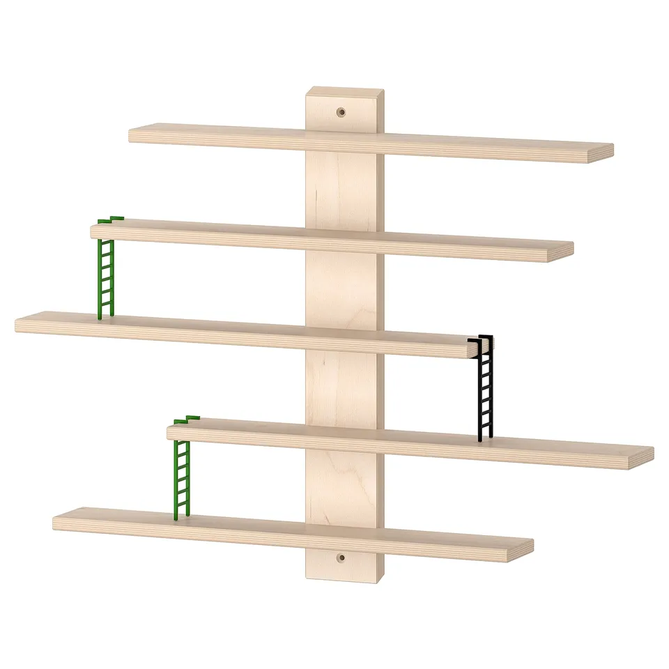 LUSTIGT wall shelf, birch plywood, adjustable shelves, 3 small ladders, modern design.