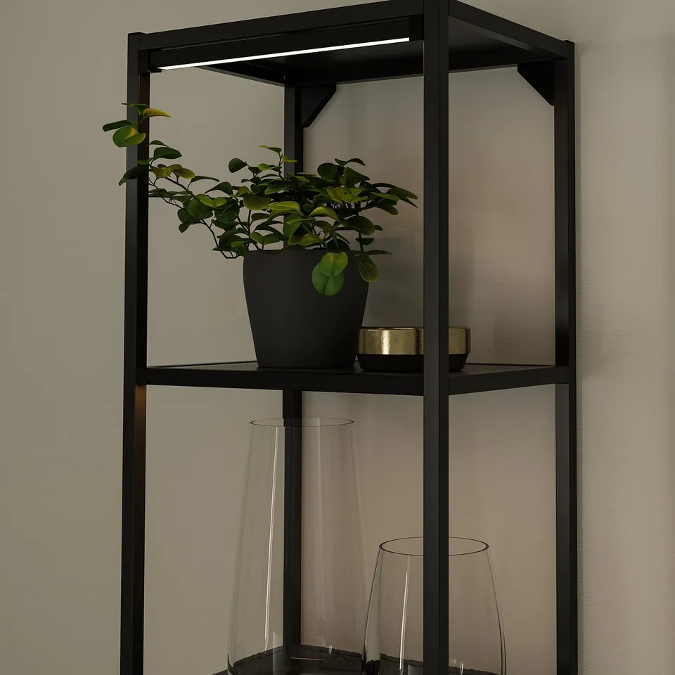 Black 3-tier shelf: plant, vases, led light.