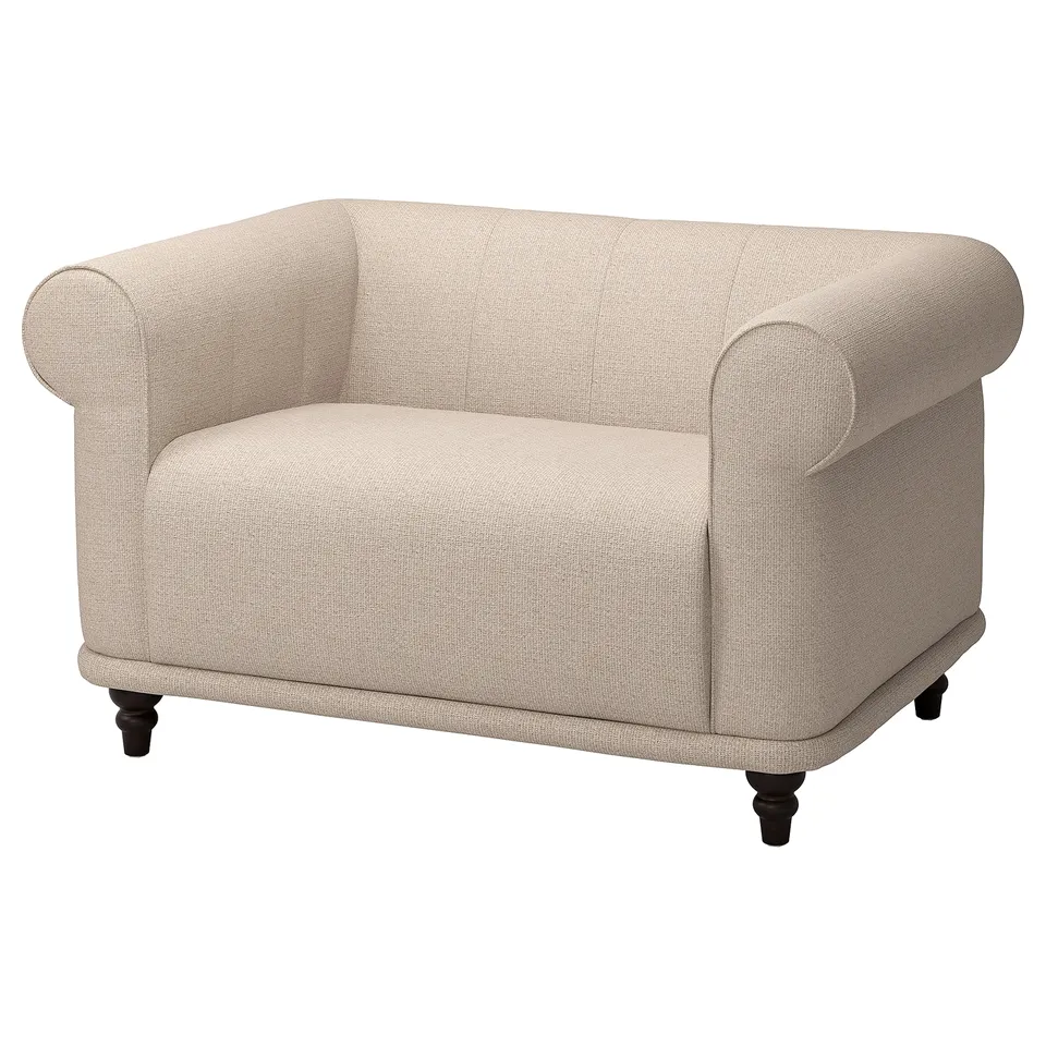 VISKAFORS armchair: beige, cloth, rounded, classic design.