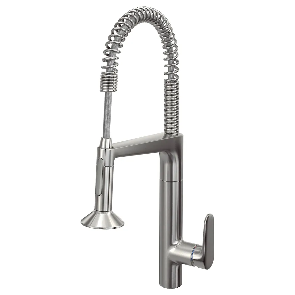 Stainless steel MAJSJÖN tap with curved spout and round handle.