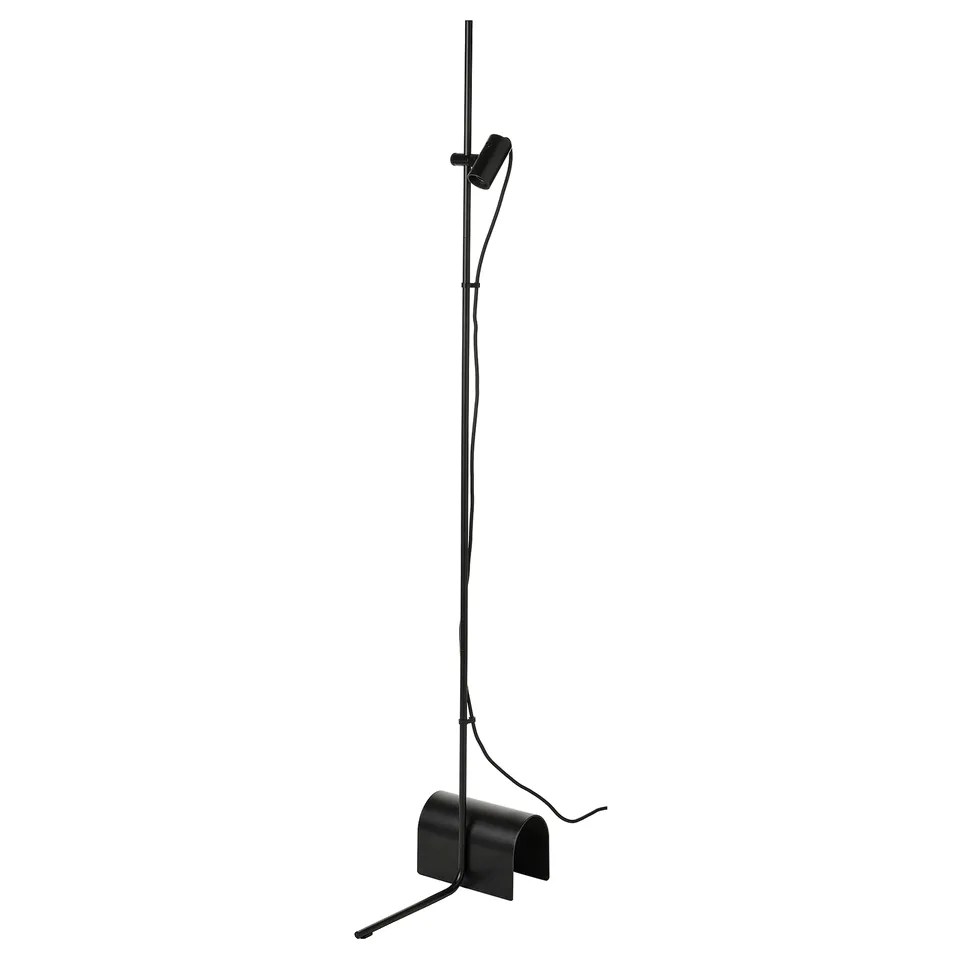 Black modern floor lamp, sleek design, tall stand with adjustable light, ideal for home decor.