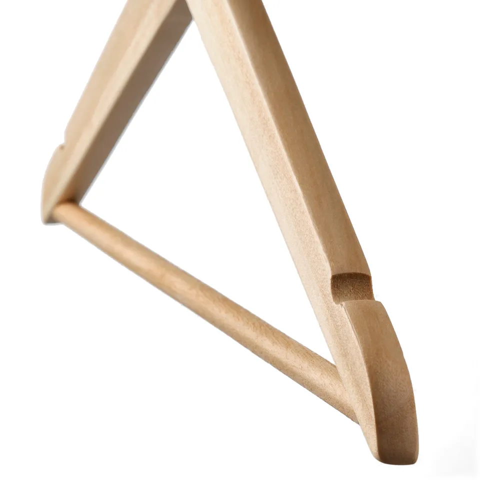 Wooden hanger with smooth, polished finish and curved design, showcasing quality craftsmanship.