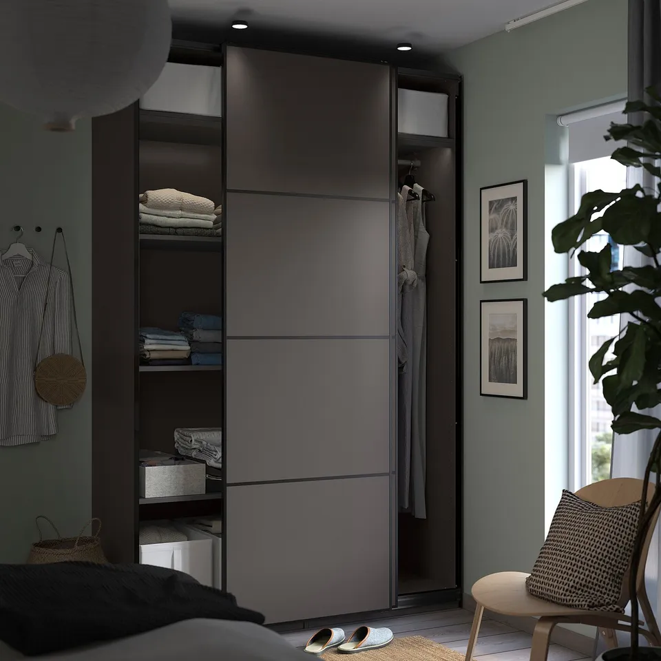 Modern closet with sliding doors, grey, metal, rectangular, minimalist.