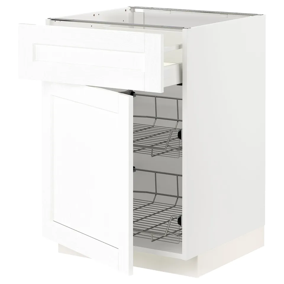 METOD white kitchen cabinet, square, wire racks, drawer open.