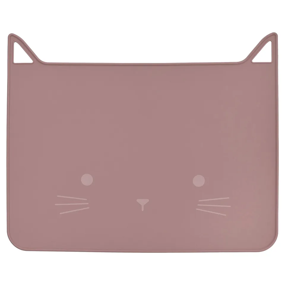 Playful cat face pink silicone place mat, kid-friendly, easy to clean.