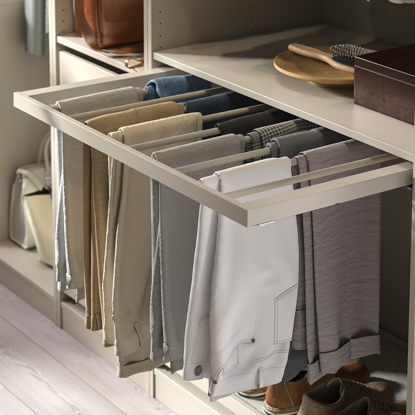 KOMPLEMENT Pull-out trouser hanger, grey-beige, 100x58 cm